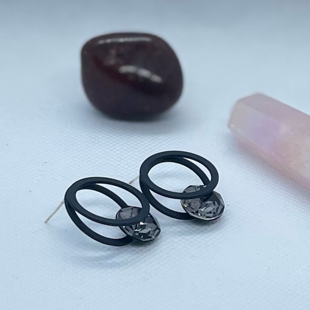 Black Gem Stud Earrings with S925 Posts